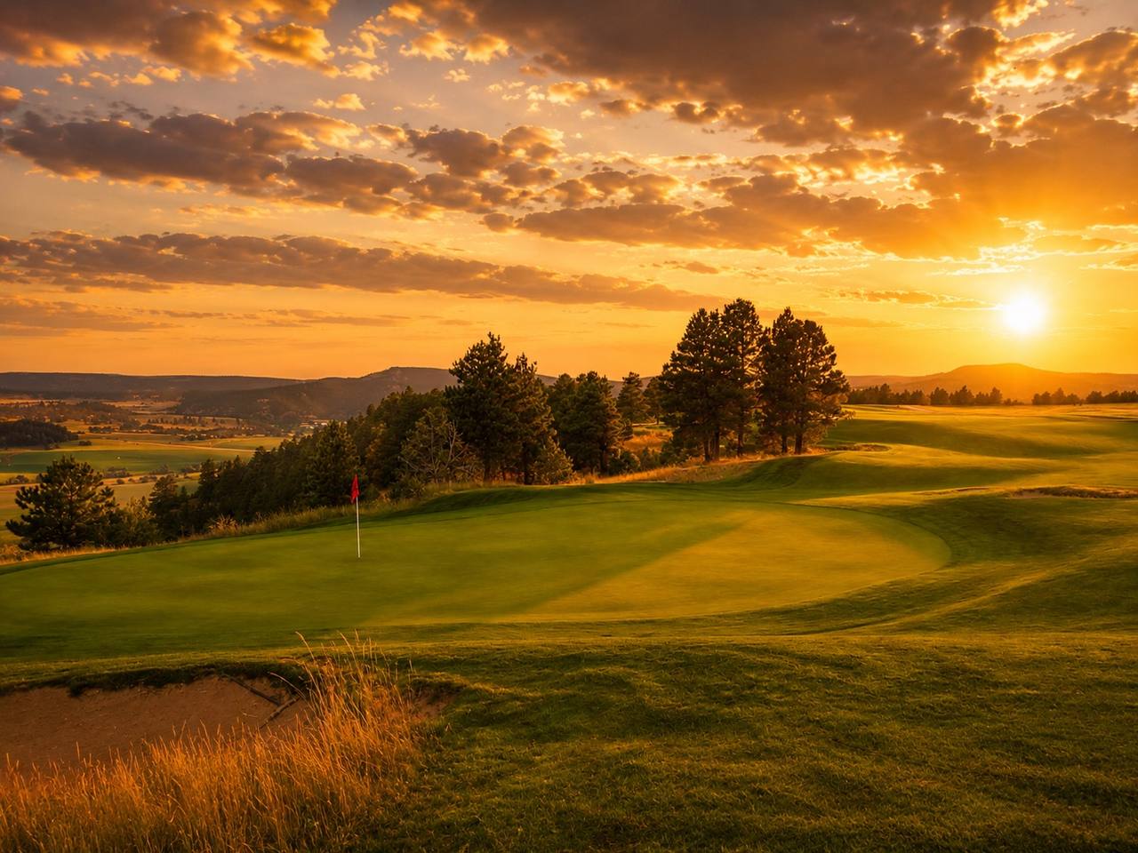 Sunset over a green at The Golf Club at Devils Tower with views across the Wyoming valley