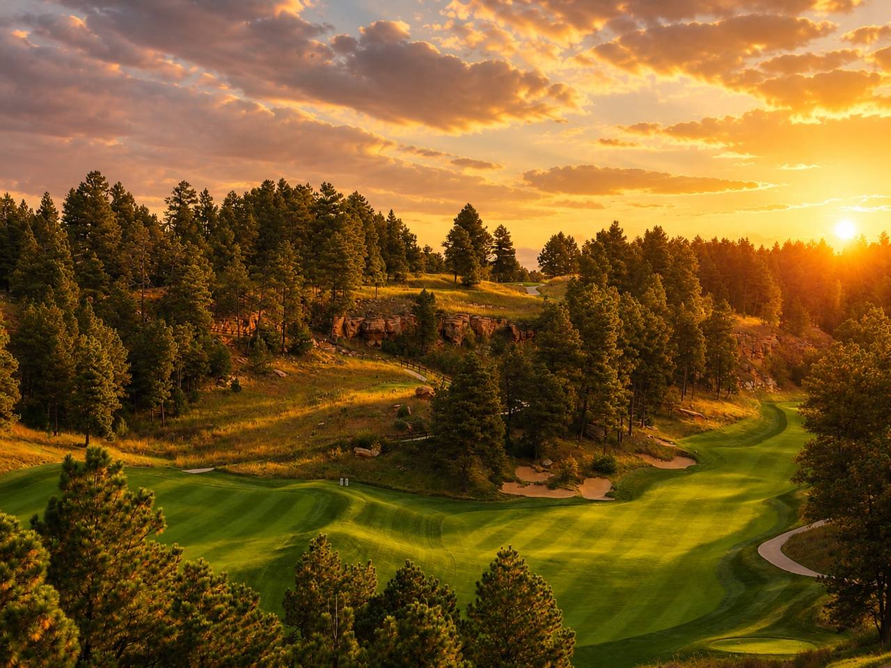 Red rock cliffs framing a fairway at The Golf Club at Devils Tower in Hulett, Wyoming