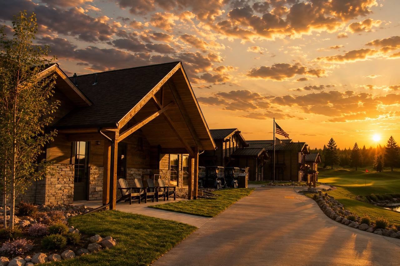 On-site lodging and clubhouse at sunset at The Golf Club at Devils Tower