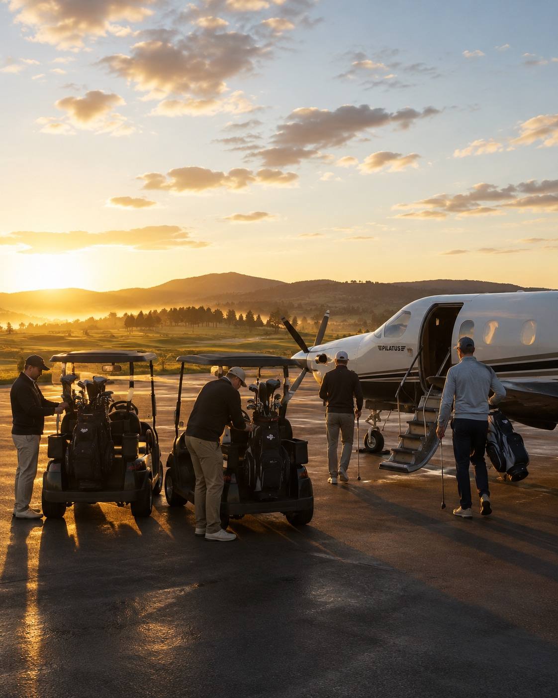 Golfers loading clubs from a private plane onto carts at Hulett Municipal Airport, The Golf Club at Devils Tower