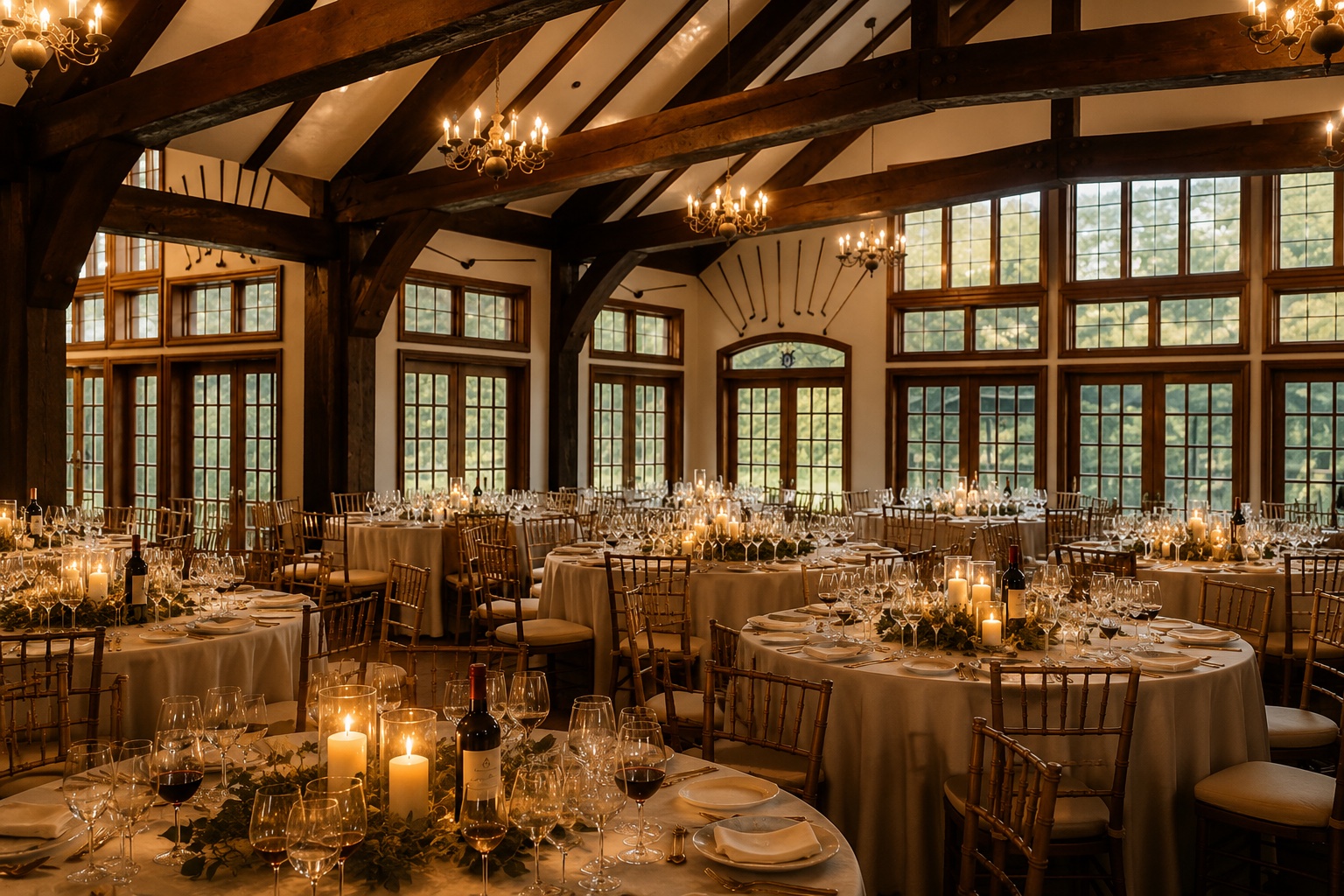 The timber-beamed clubhouse dining room at Indianwood Golf & Country Club, set with candlelight for an evening event