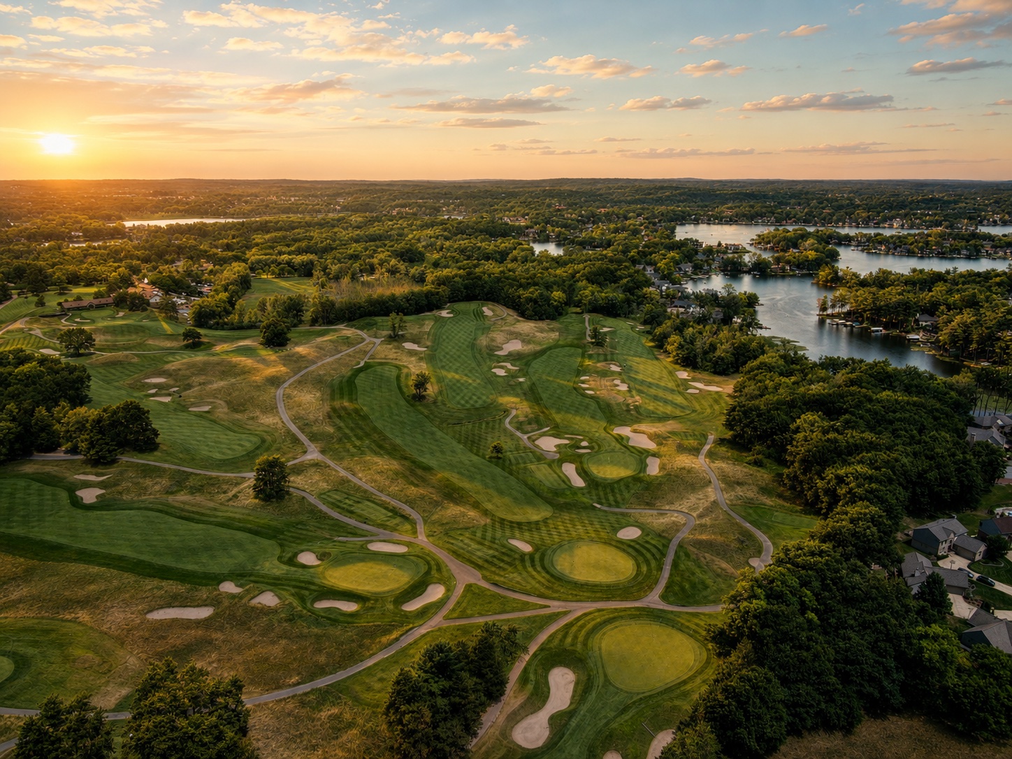Aerial view of Indianwood Golf & Country Club at sunset over Lake Orion, Michigan