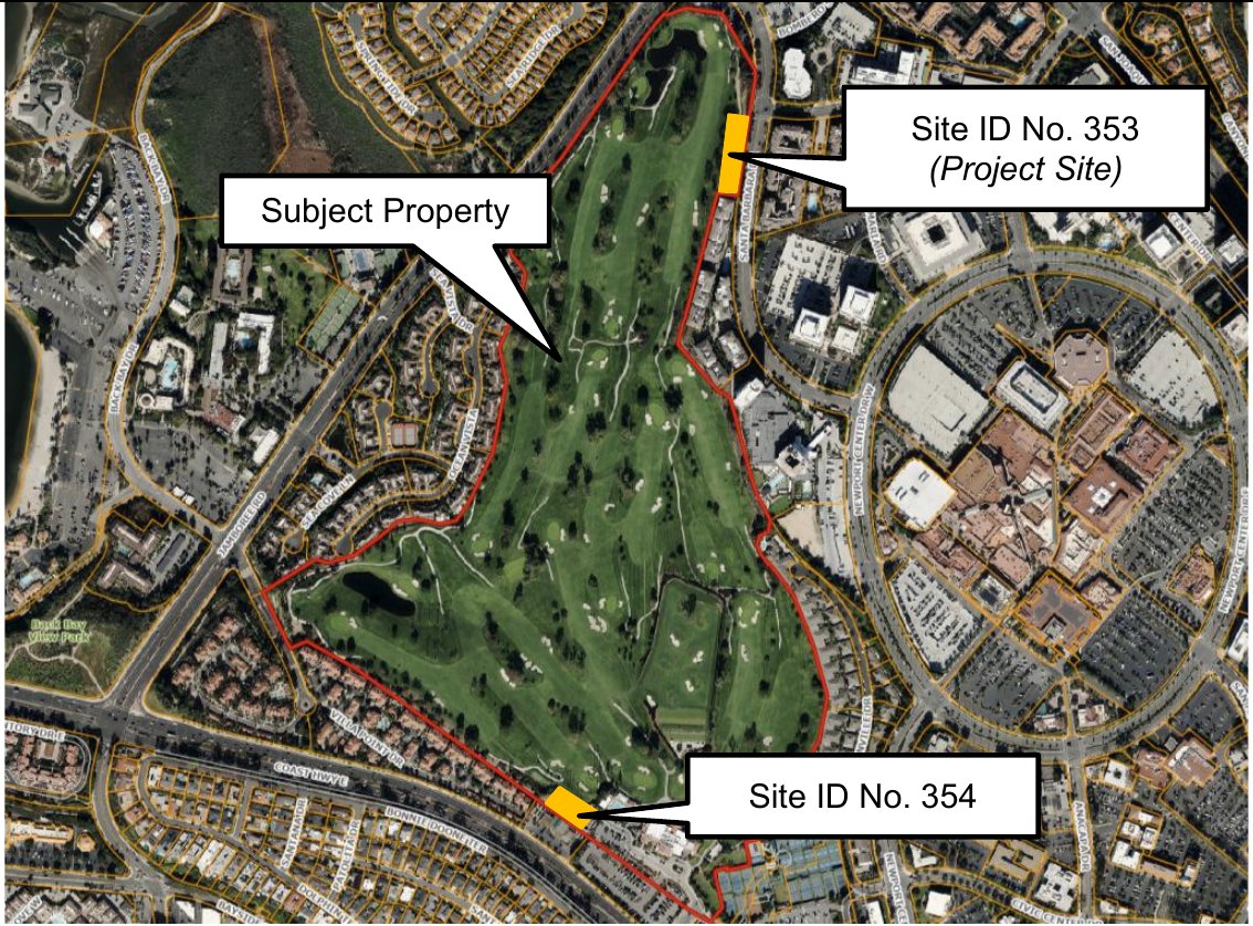 City of Newport Beach vicinity map showing Housing Opportunity Site 353 on the northeastern edge of Newport Beach Country Club and Site 354 on the southern edge