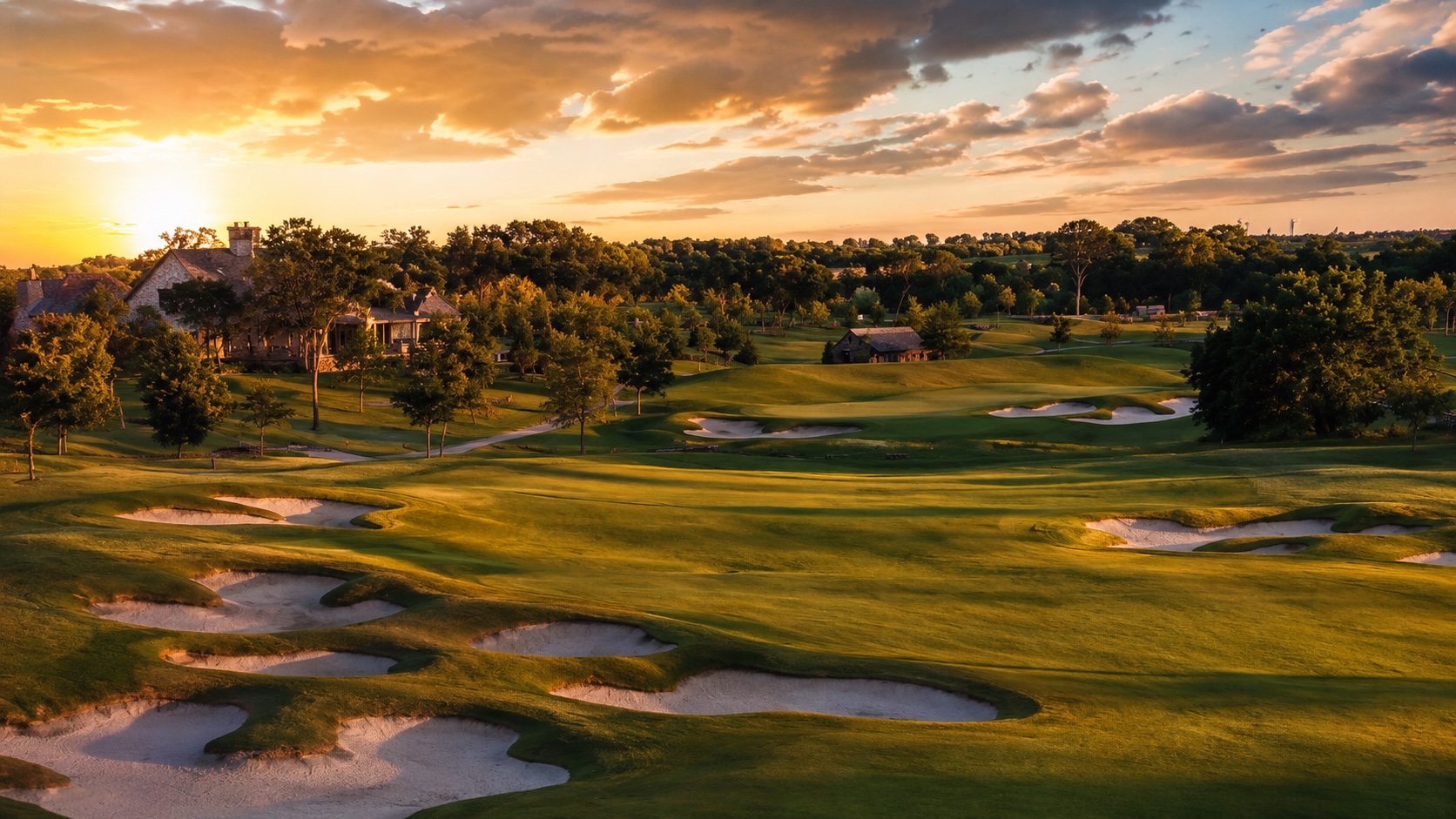 TPC Craig Ranch golf course at golden hour, McKinney, Texas — clubhouse across the lake