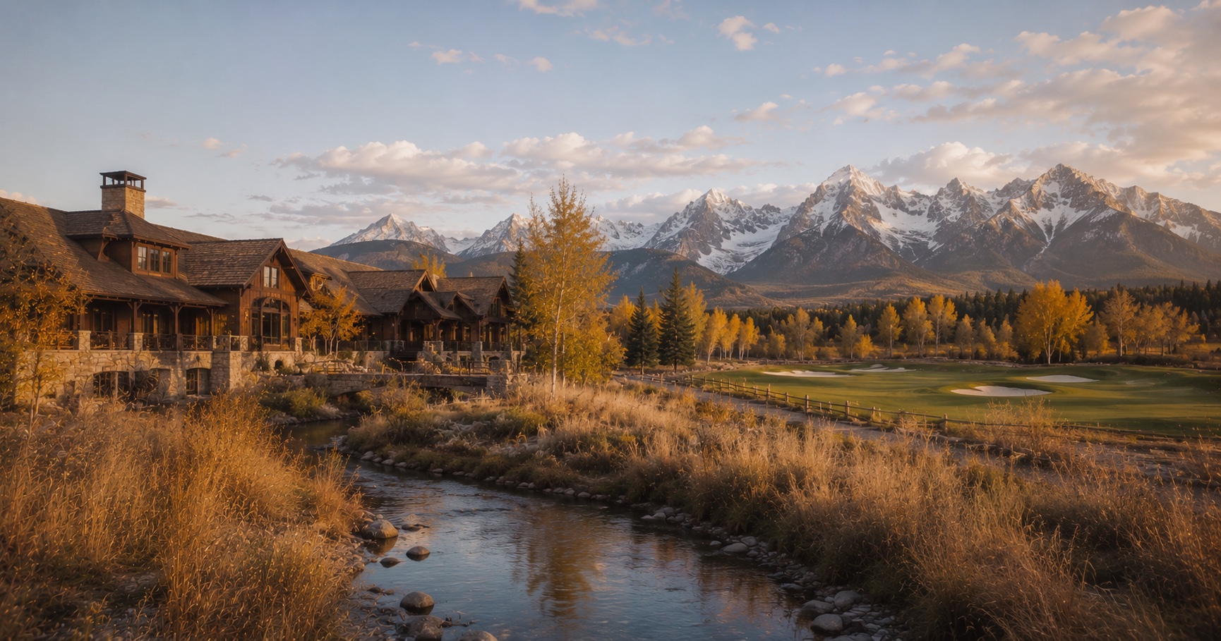 The Rees Jones championship golf course at 3 Creek Ranch with the Teton range beyond, Jackson Hole, Wyoming