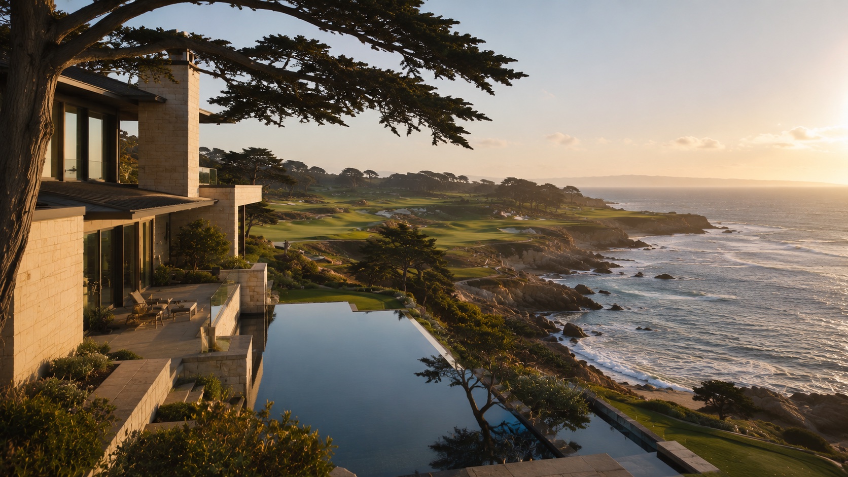 Most expensive golf course homes in California — Monterey Peninsula coast at golden hour