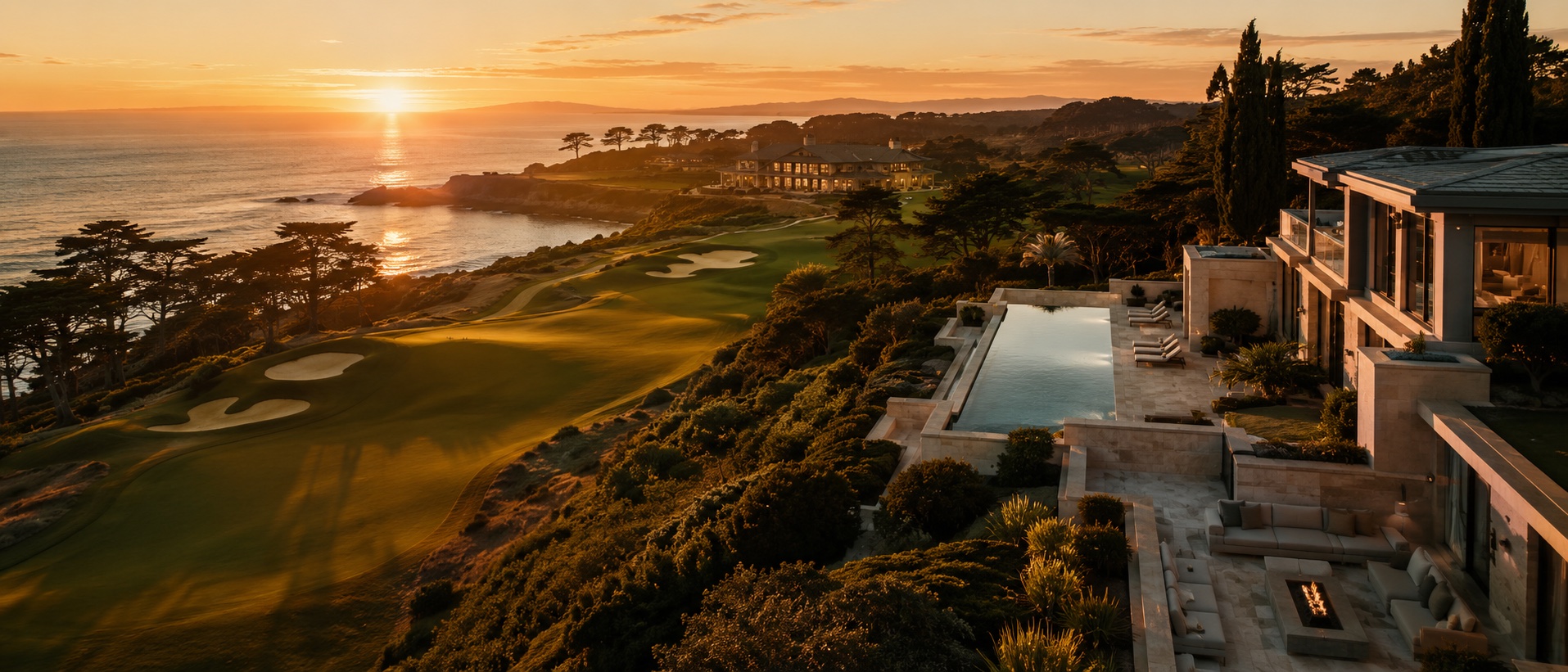 Luxury private golf club estate at sunset overlooking the Pacific coast