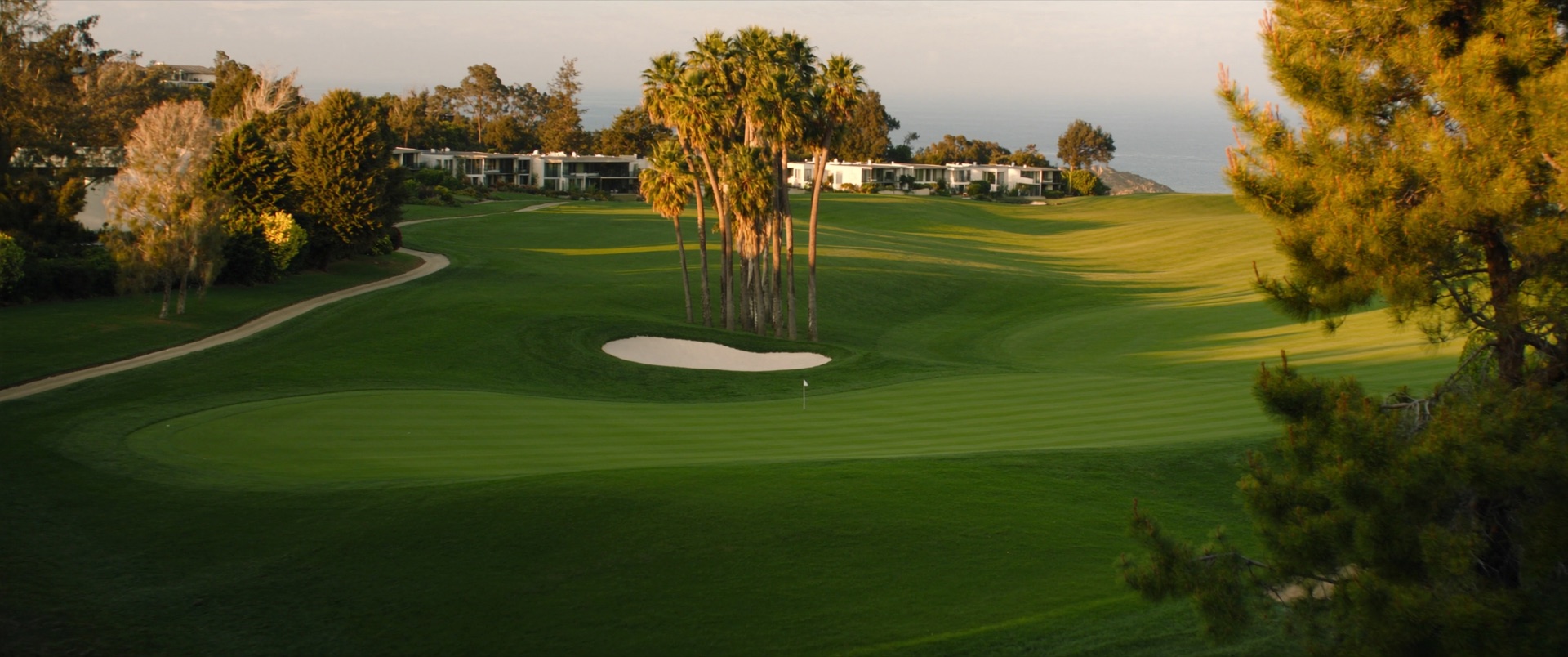 Palm-lined fairway at golden hour above the Southern California coast