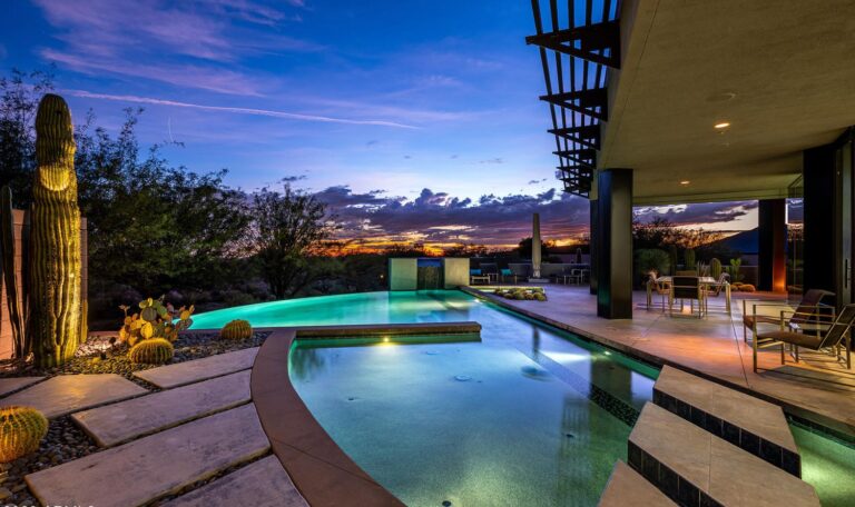 Arizona Estate infinity pool with outside view of trees and dusk sky