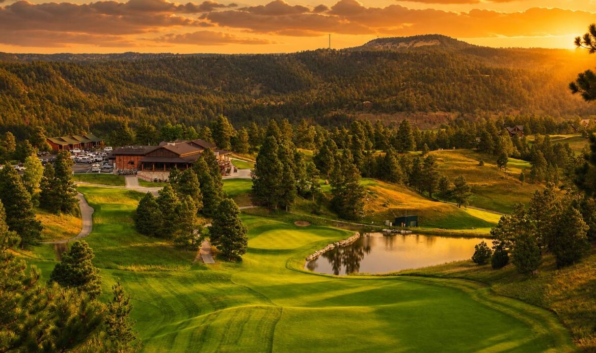 The 18th hole, clubhouse and northeast Wyoming canyon country at The Golf Club at Devils Tower